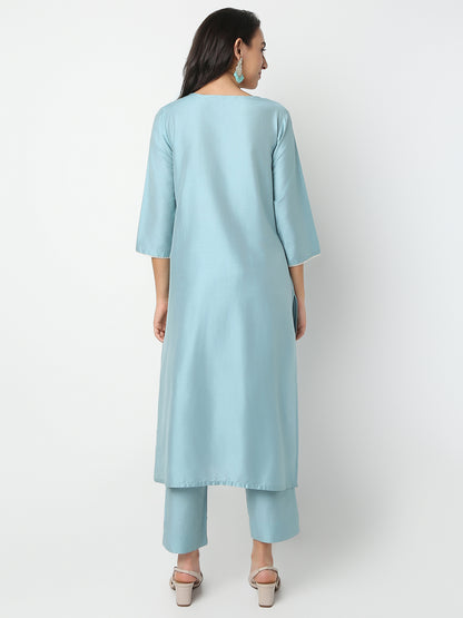 Regular Fit Embroidered Round Neck Three-Fourth Sleeve Kurta and Pant with Dupatta Set