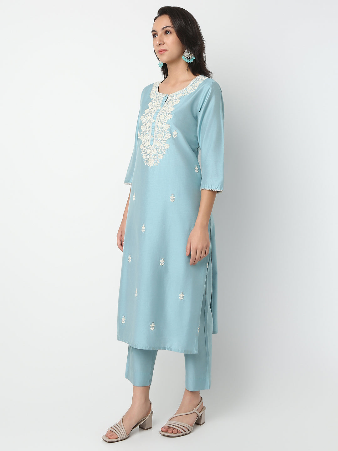 Regular Fit Embroidered Round Neck Three-Fourth Sleeve Kurta and Pant with Dupatta Set