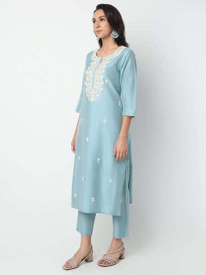 Regular Fit Embroidered Round Neck Three-Fourth Sleeve Kurta and Pant with Dupatta Set