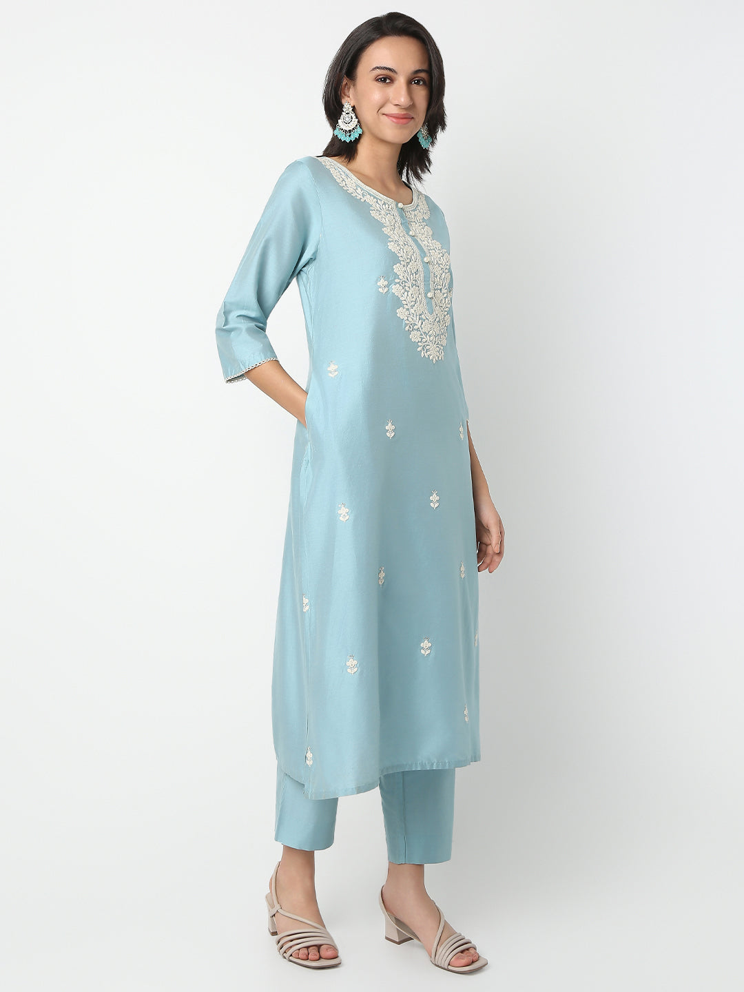 Regular Fit Embroidered Round Neck Three-Fourth Sleeve Kurta and Pant with Dupatta Set