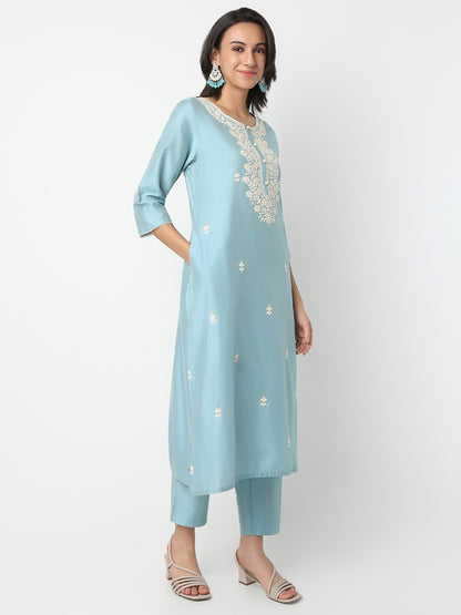 Regular Fit Embroidered Round Neck Three-Fourth Sleeve Kurta and Pant with Dupatta Set