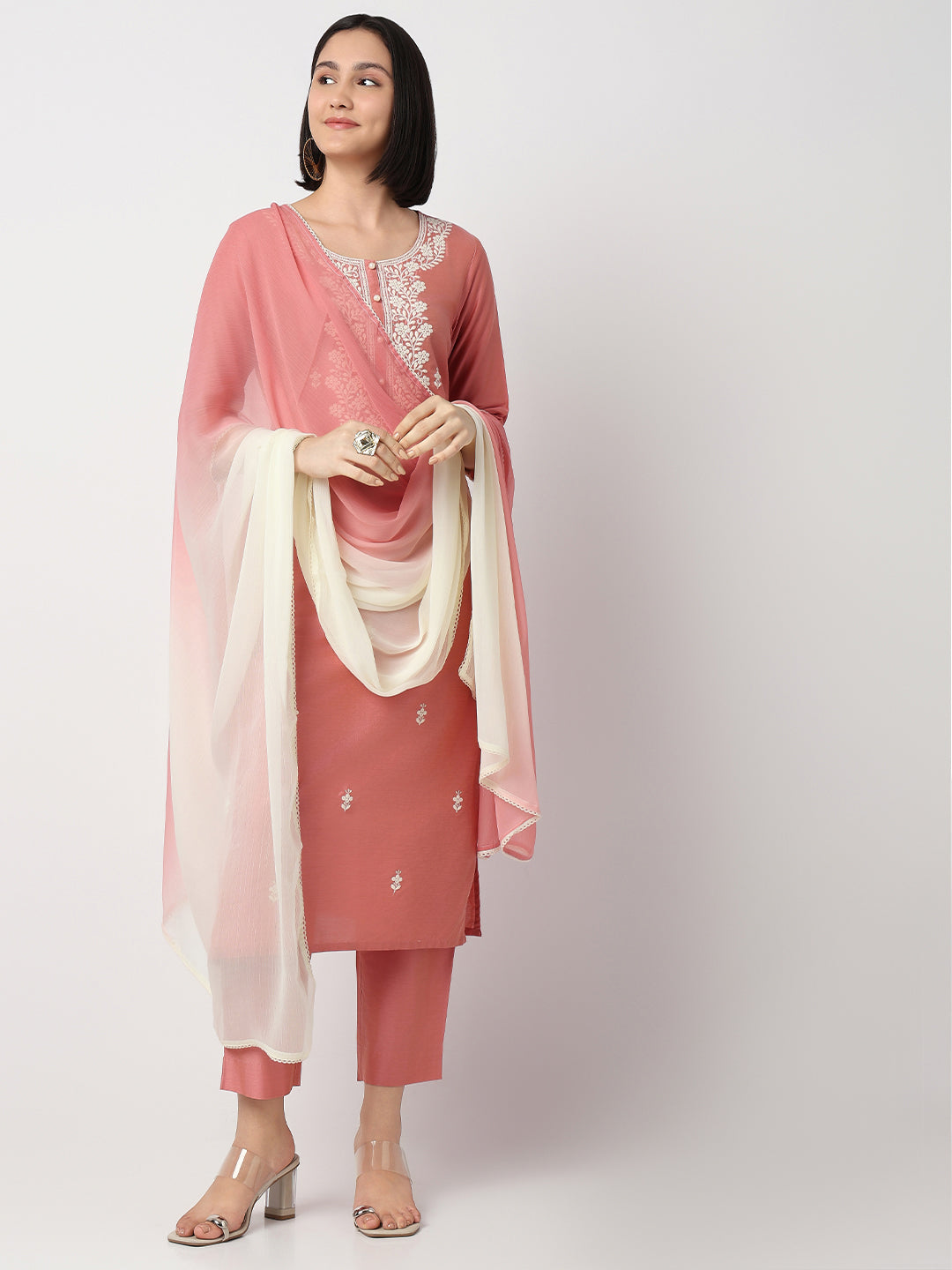 Regular Fit Embroidered Three-Fourth Sleeve Kurta and Pant with Dupatta Set