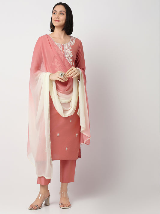 Regular Fit Embroidered Three-Fourth Sleeve Kurta and Pant with Dupatta Set