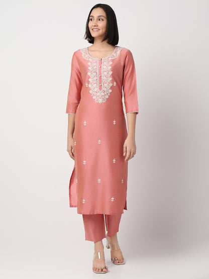 Regular Fit Embroidered Three-Fourth Sleeve Kurta and Pant with Dupatta Set