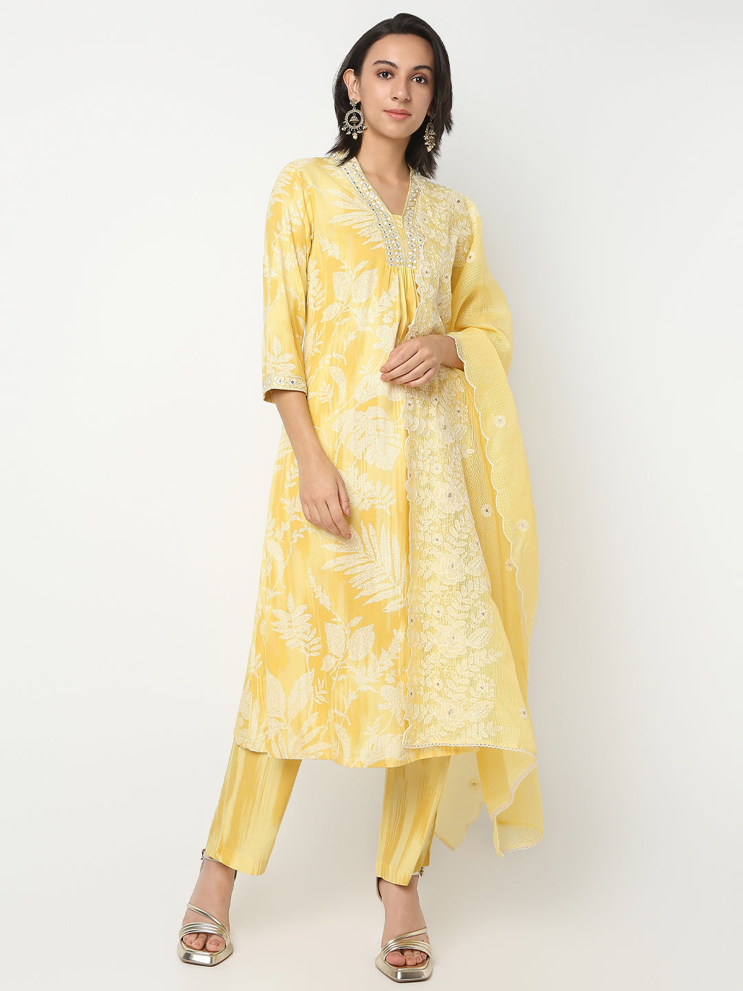 Flare Fit Printed V-Neck Three-Fourth Sleeve Kurta and Pant with Dupatta Set