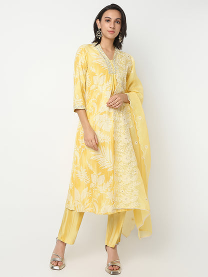 Flare Fit Printed V-Neck Three-Fourth Sleeve Kurta and Pant with Dupatta Set