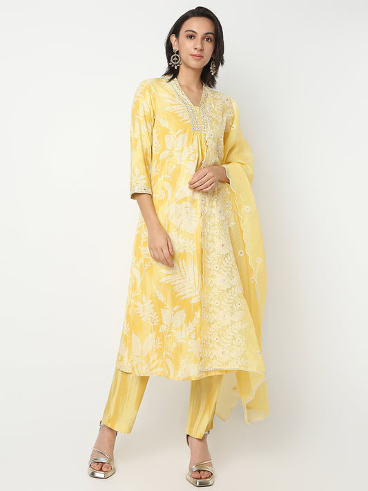 Flare Fit Printed V-Neck Three-Fourth Sleeve Kurta and Pant with Dupatta Set