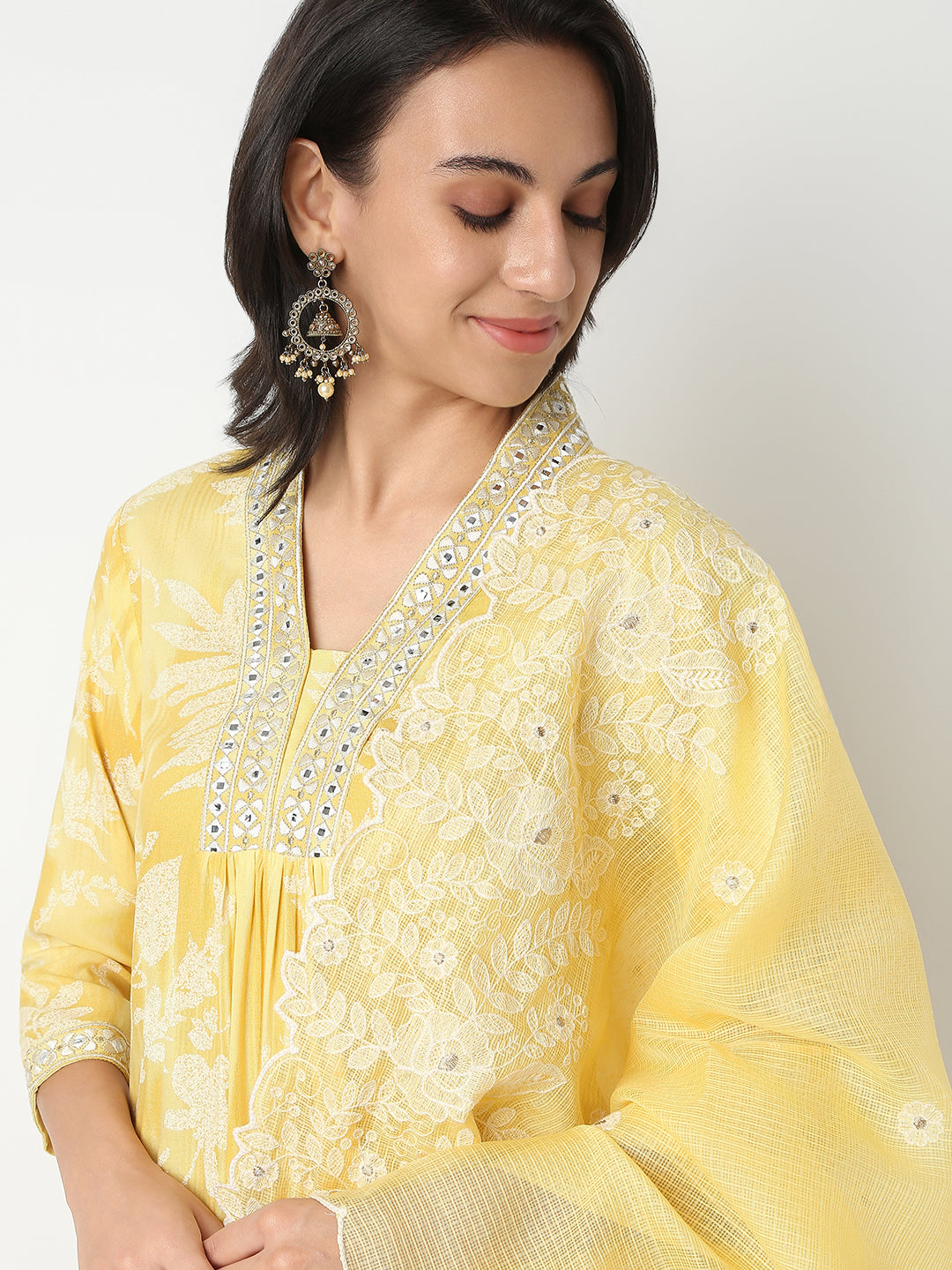 Flare Fit Printed V-Neck Three-Fourth Sleeve Kurta and Pant with Dupatta Set