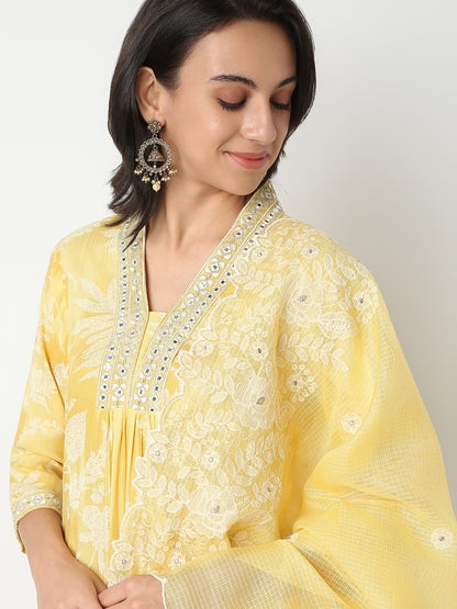 Flare Fit Printed V-Neck Three-Fourth Sleeve Kurta and Pant with Dupatta Set