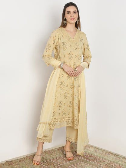 Regular Fit Printed V-Neck Kurta and Pant with Dupatta Set