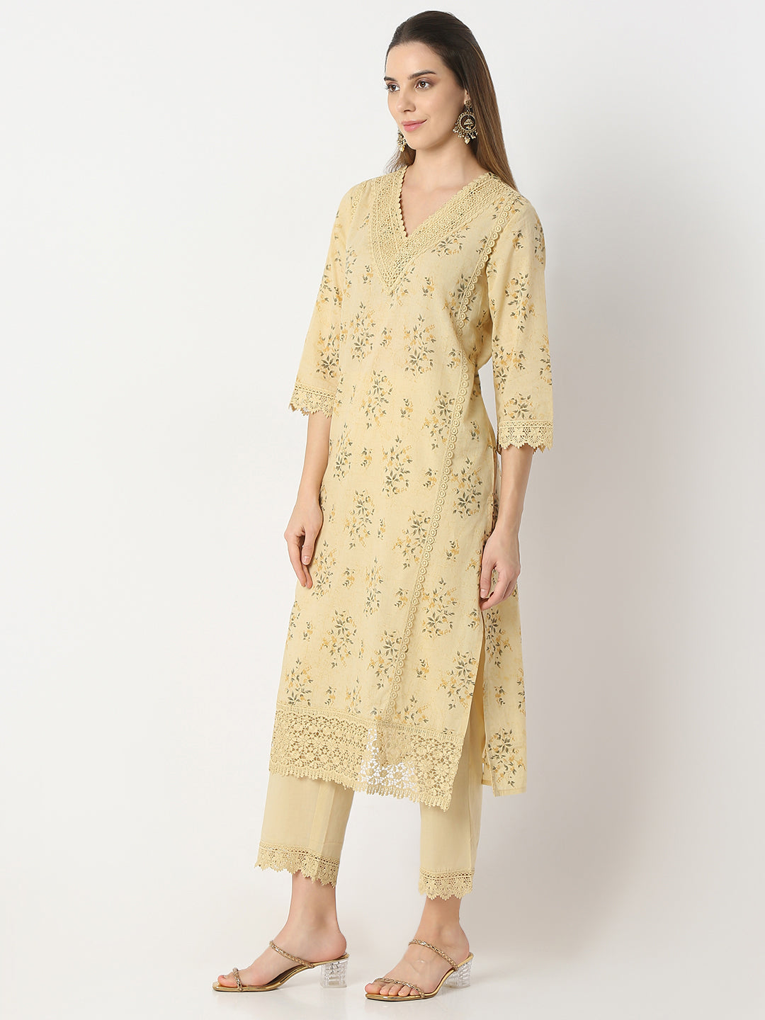 Regular Fit Printed V-Neck Kurta and Pant with Dupatta Set