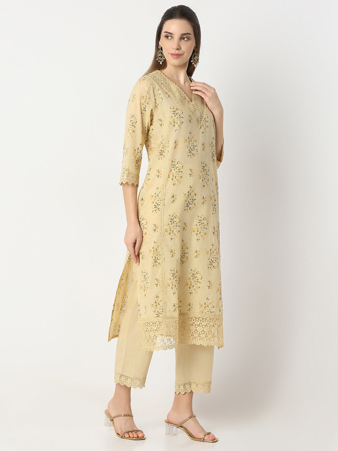 Regular Fit Printed V-Neck Kurta and Pant with Dupatta Set
