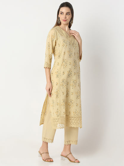 Regular Fit Printed V-Neck Kurta and Pant with Dupatta Set
