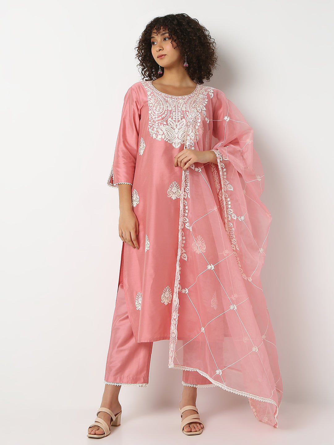Regular Fit Embroidered Round Neck Three-Fourth Sleeve Kurta and Pant with Dupatta Set