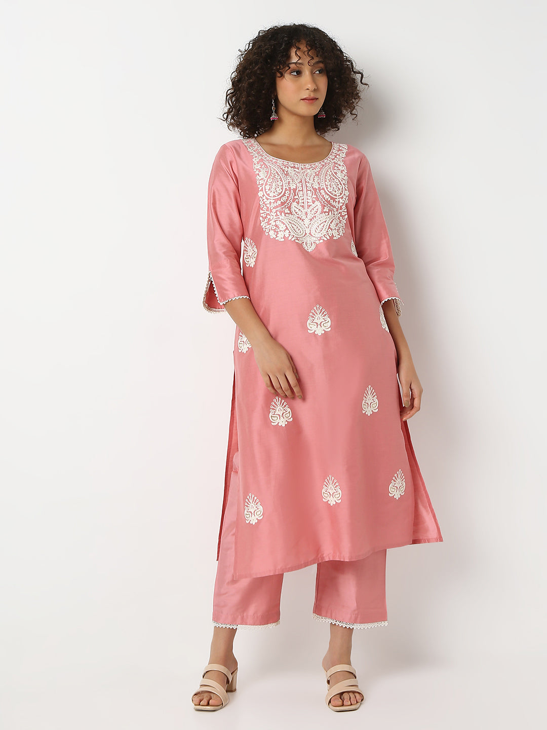 Regular Fit Embroidered Round Neck Three-Fourth Sleeve Kurta and Pant with Dupatta Set