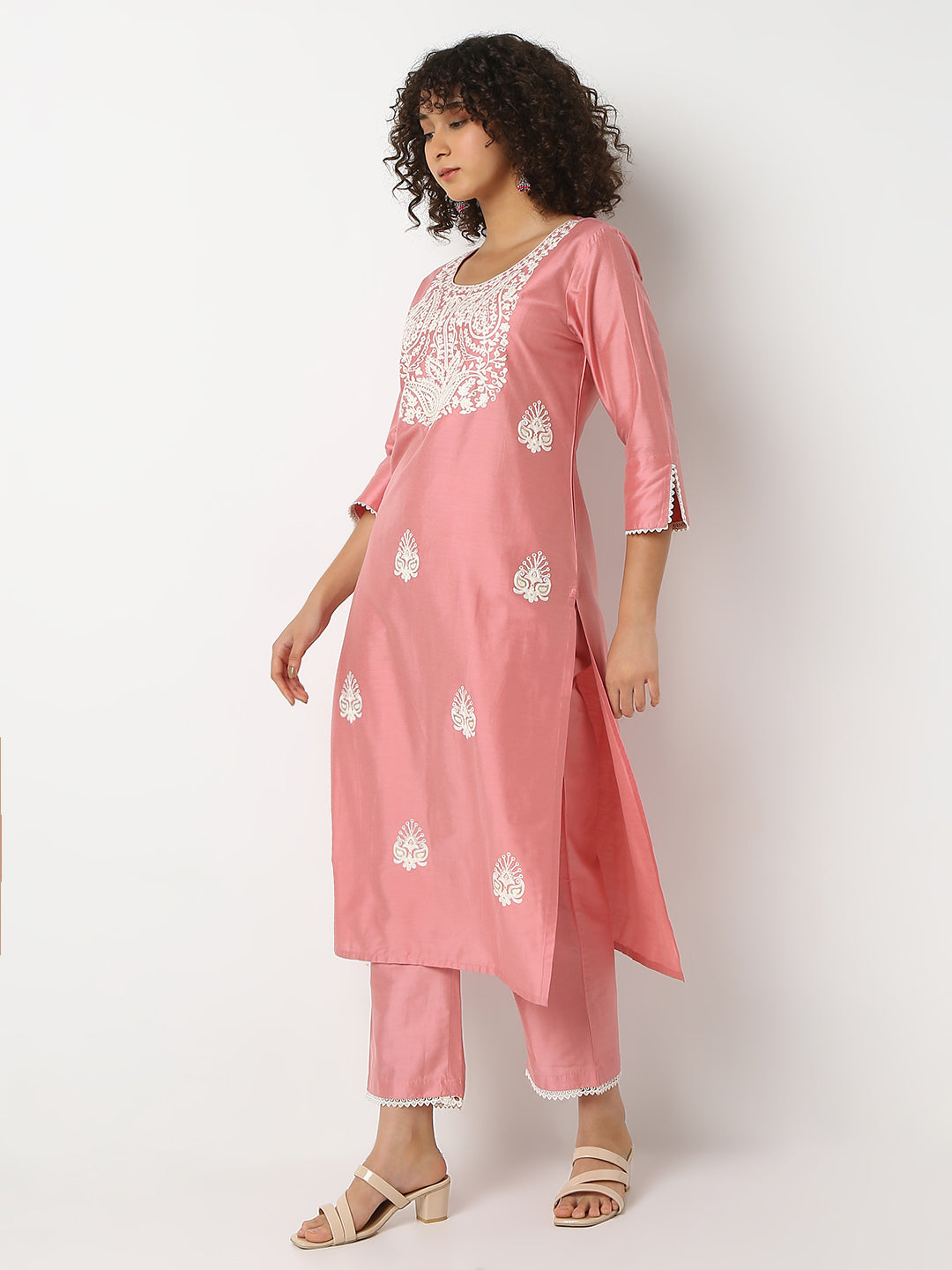 Regular Fit Embroidered Round Neck Three-Fourth Sleeve Kurta and Pant with Dupatta Set