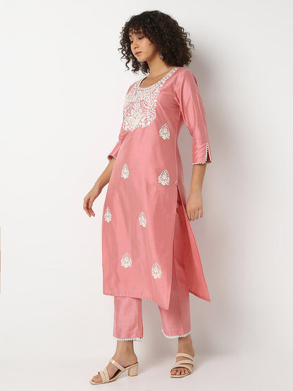 Regular Fit Embroidered Round Neck Three-Fourth Sleeve Kurta and Pant with Dupatta Set