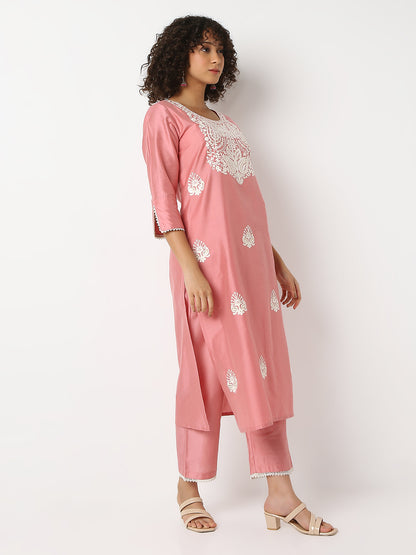 Regular Fit Embroidered Round Neck Three-Fourth Sleeve Kurta and Pant with Dupatta Set