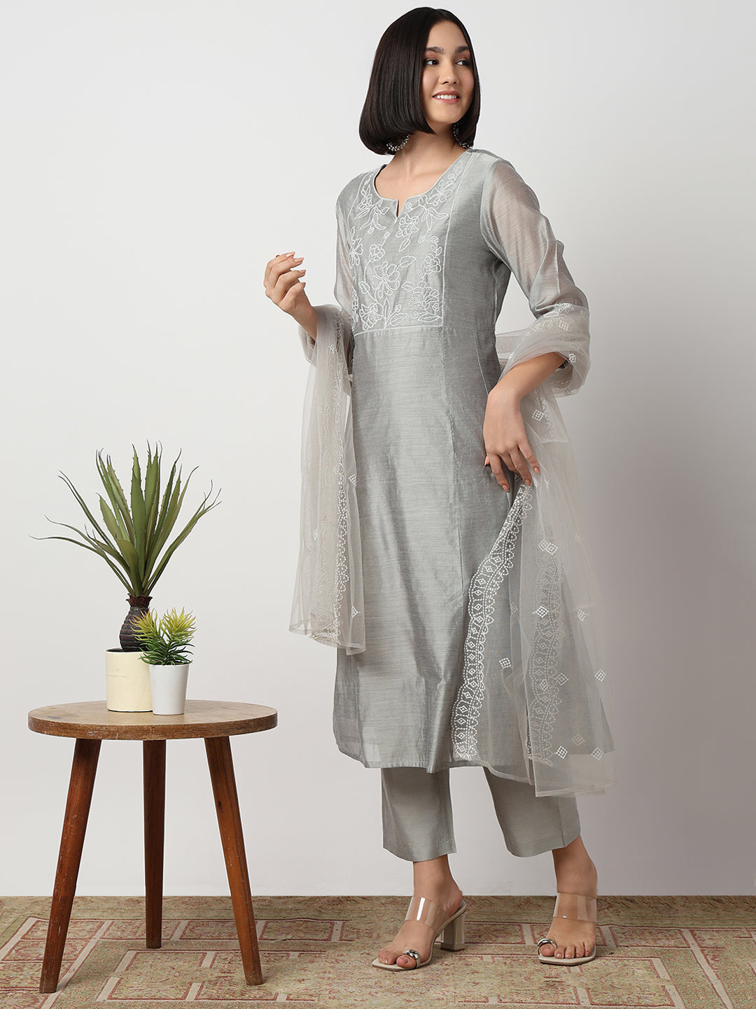 Flare Fit Embroidered Three-Fourth Sleeve Kurta and Pant with Dupatta Set