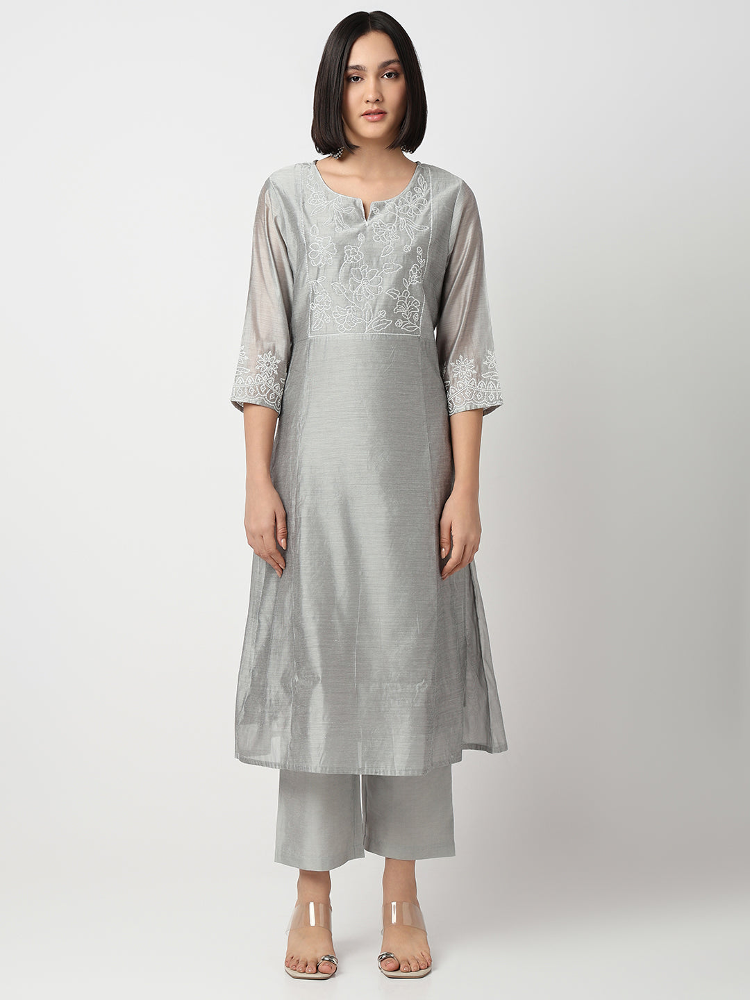 Flare Fit Embroidered Three-Fourth Sleeve Kurta and Pant with Dupatta Set