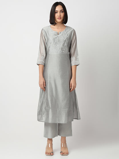 Flare Fit Embroidered Three-Fourth Sleeve Kurta and Pant with Dupatta Set