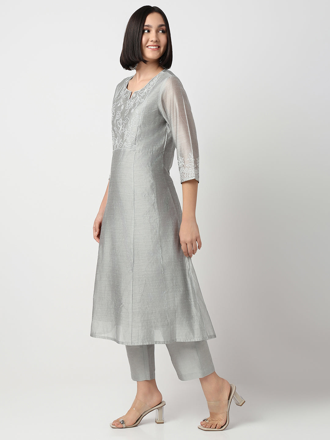 Flare Fit Embroidered Three-Fourth Sleeve Kurta and Pant with Dupatta Set