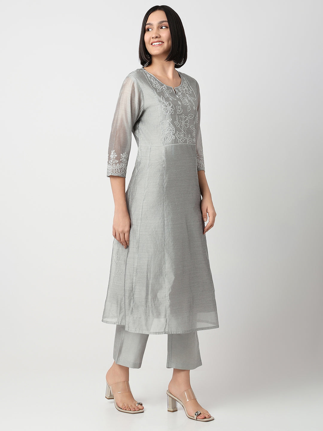 Flare Fit Embroidered Three-Fourth Sleeve Kurta and Pant with Dupatta Set