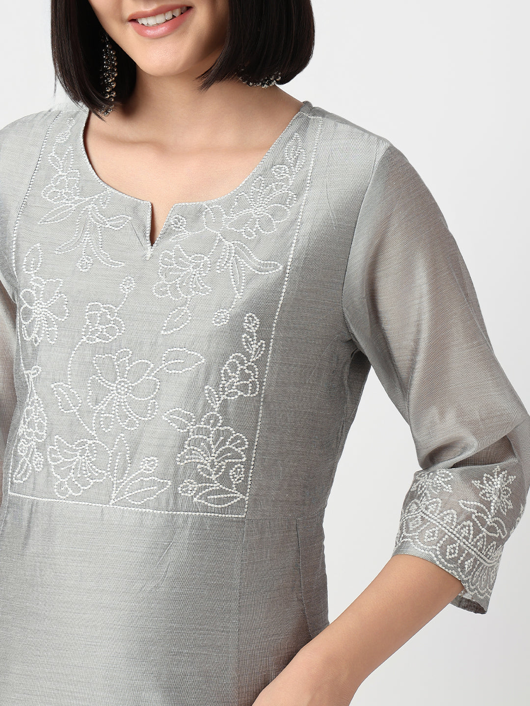 Flare Fit Embroidered Three-Fourth Sleeve Kurta and Pant with Dupatta Set