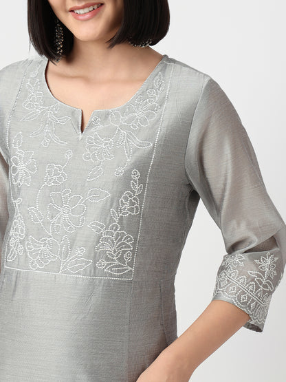 Flare Fit Embroidered Three-Fourth Sleeve Kurta and Pant with Dupatta Set