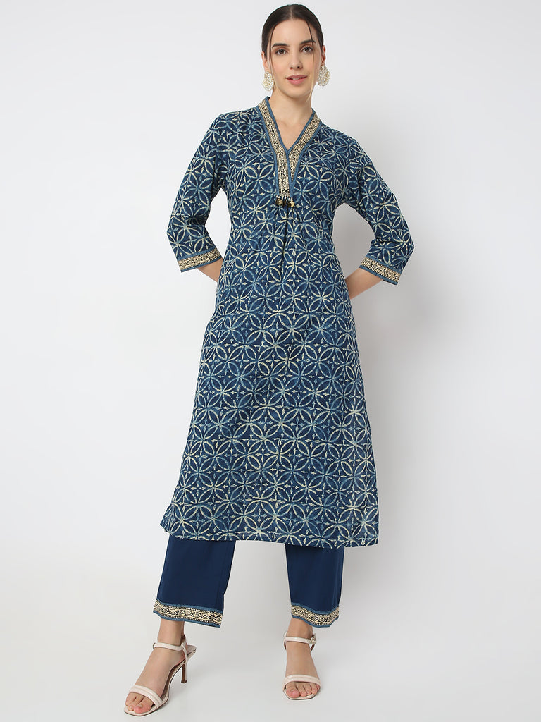 Regular Fit Printed V Neck Straight Traditional Kurta and Pant with Dupatta Set