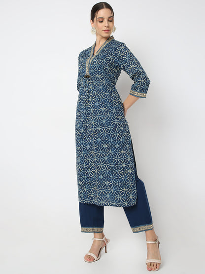 Regular Fit Printed V Neck Straight Traditional Kurta and Pant with Dupatta Set