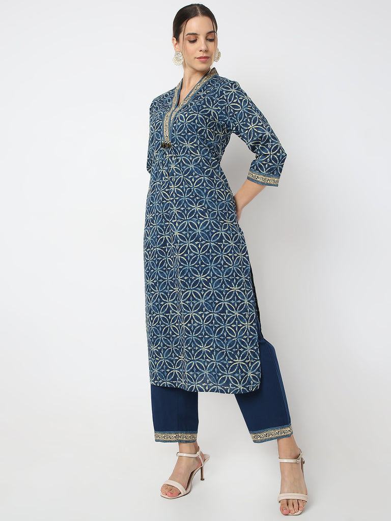 Regular Fit Printed V Neck Straight Traditional Kurta and Pant with Dupatta Set