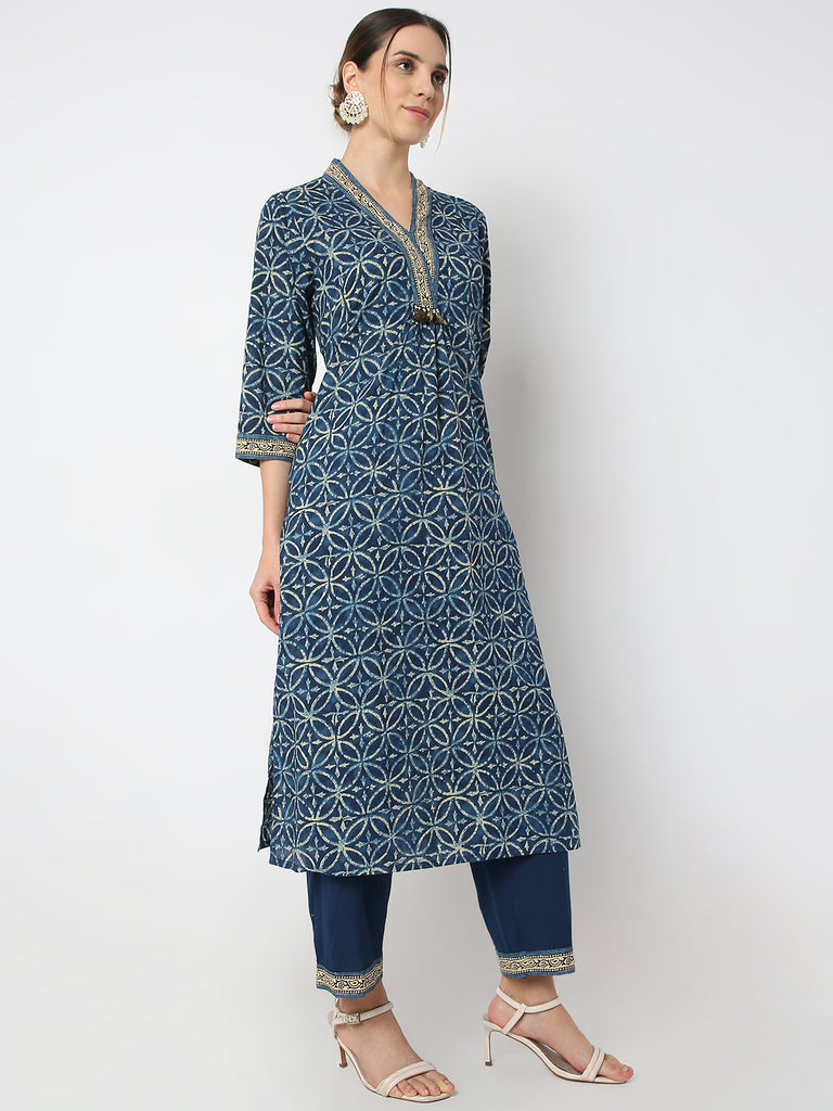 Regular Fit Printed V Neck Straight Traditional Kurta and Pant with Dupatta Set