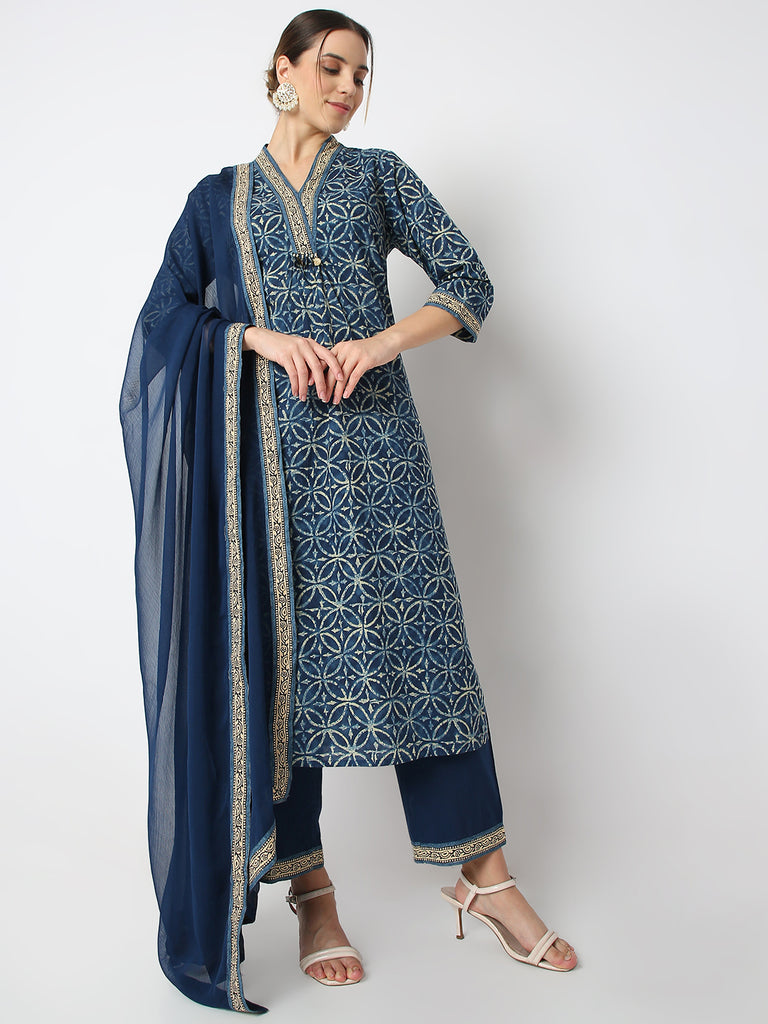 Regular Fit Printed V Neck Straight Traditional Kurta and Pant with Dupatta Set