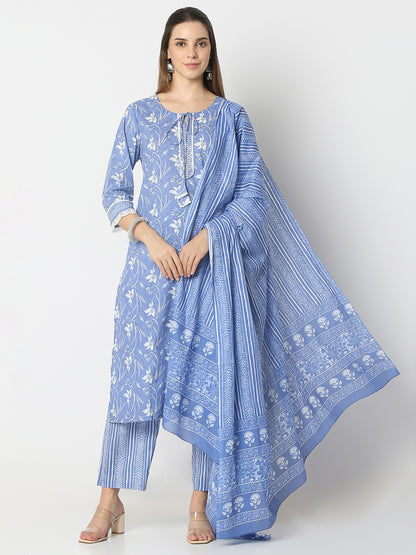 Straight Fit Printed Round Neck Kurta and Pant with Dupatta Set