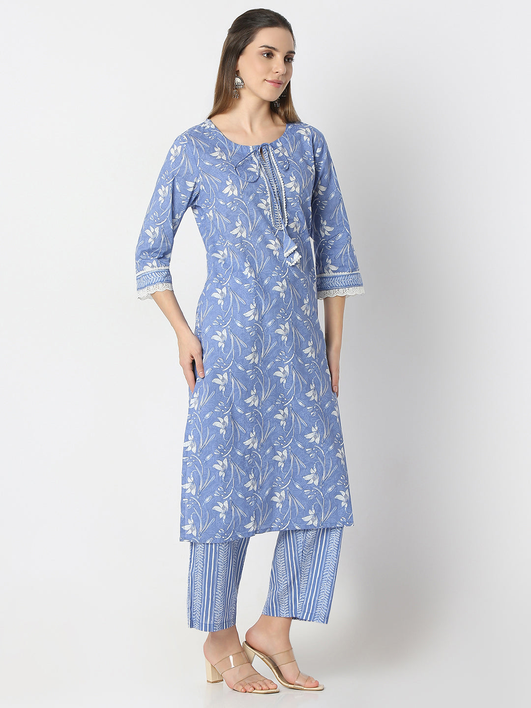 Straight Fit Printed Round Neck Kurta and Pant with Dupatta Set