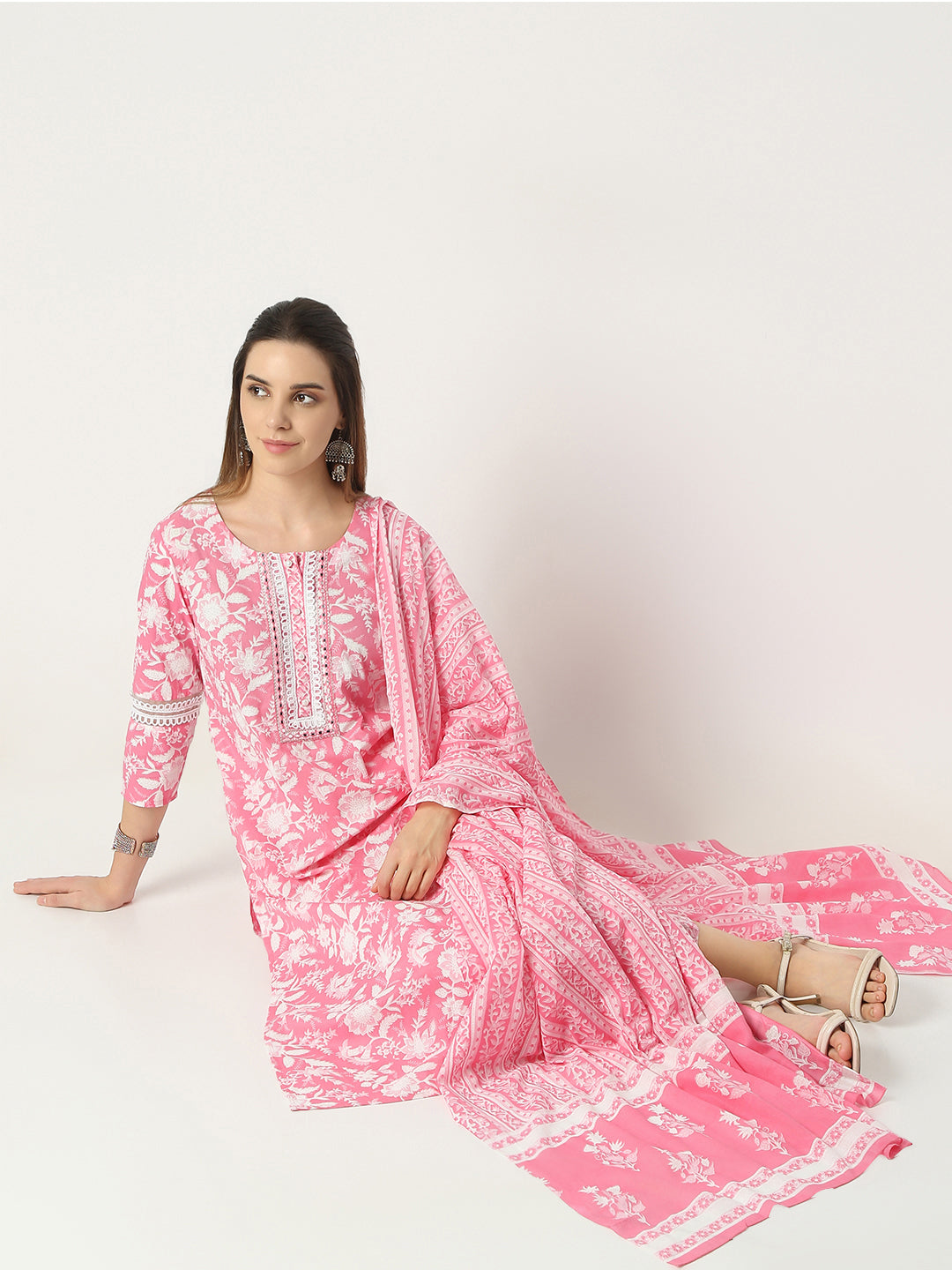 Straight Fit Printed Round Neck Kurta and Pant with Dupatta Set
