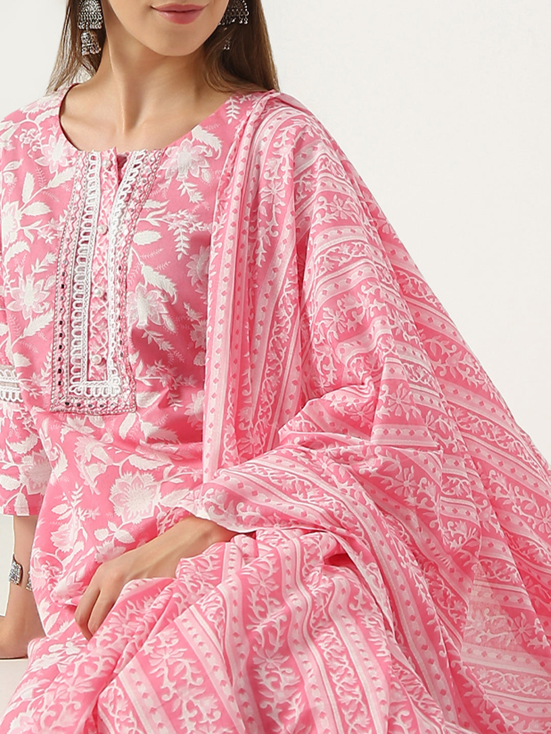 Straight Fit Printed Round Neck Kurta and Pant with Dupatta Set