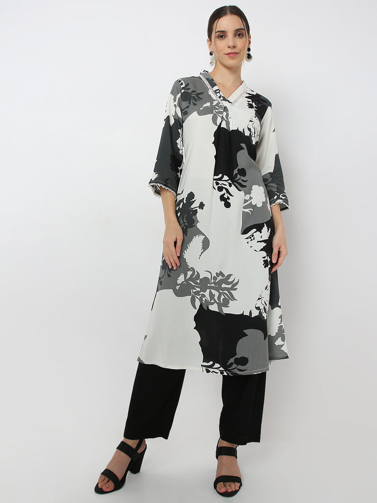 Regular Fit Printed V Neck Straight Digital Printed Kurta with Pant Set