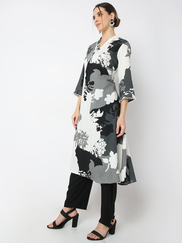 Regular Fit Printed V Neck Straight Digital Printed Kurta with Pant Set