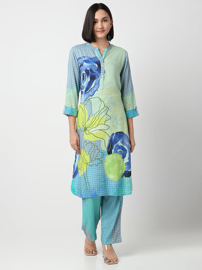 Straight Fit Printed Three-Fourth Sleeve Kurta with Pant Set