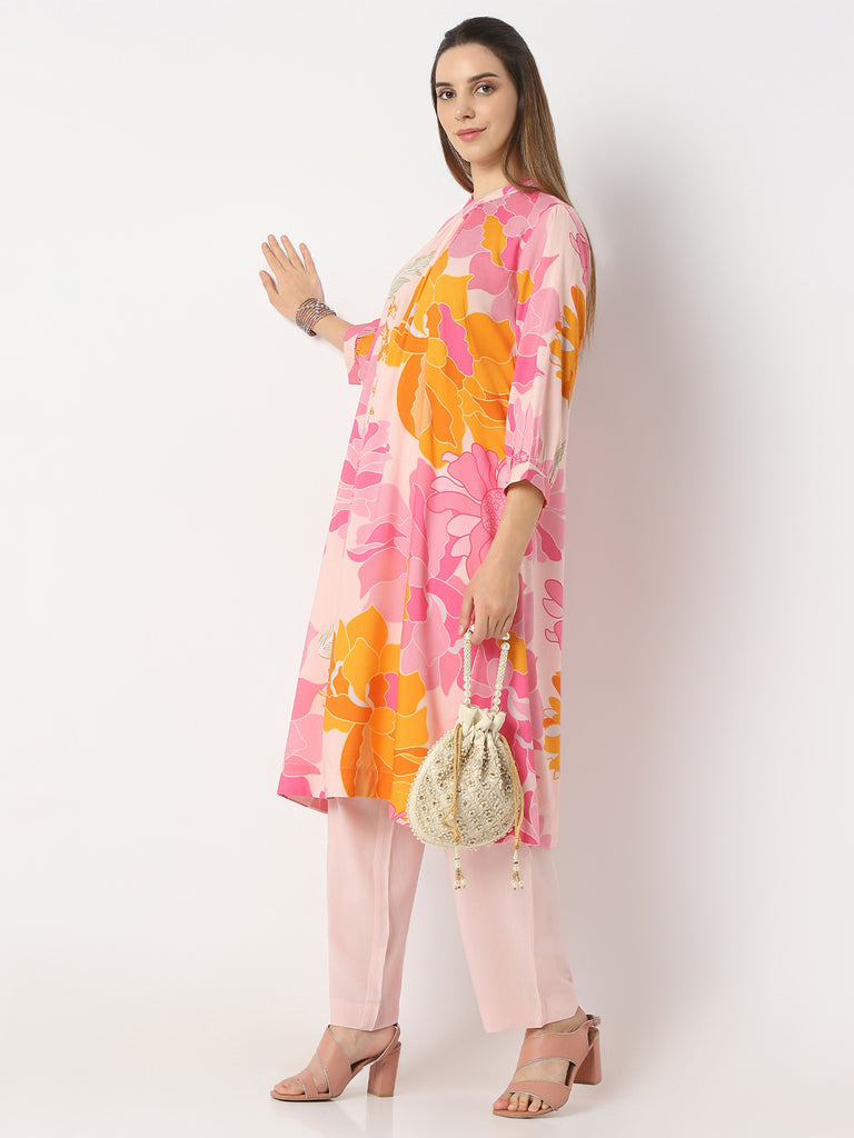 Flare Fit Printed Band Neck Kurta with Pant Set