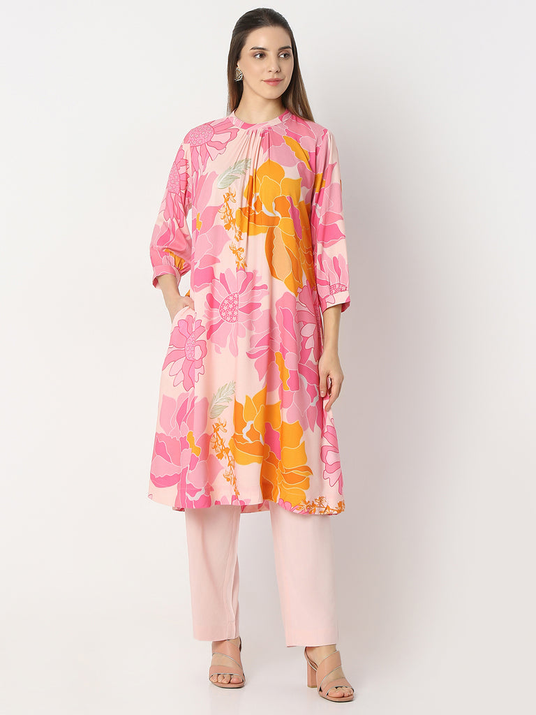 Flare Fit Printed Band Neck Kurta with Pant Set