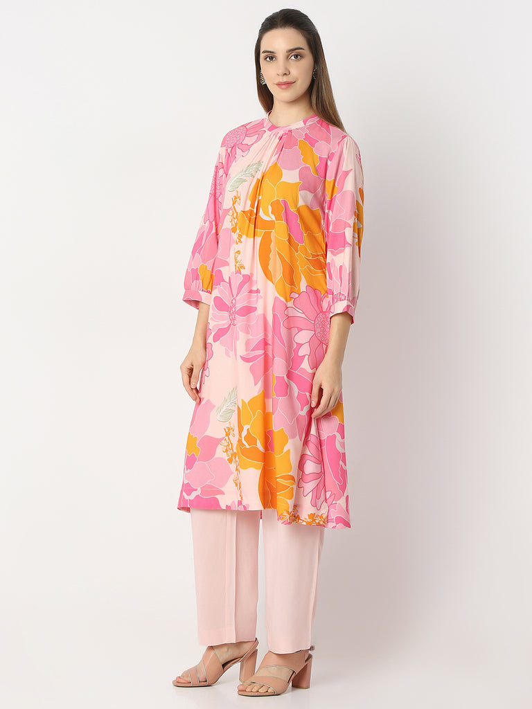 Flare Fit Printed Band Neck Kurta with Pant Set