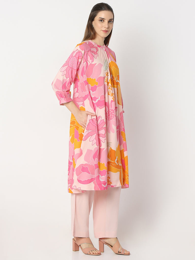 Flare Fit Printed Band Neck Kurta with Pant Set