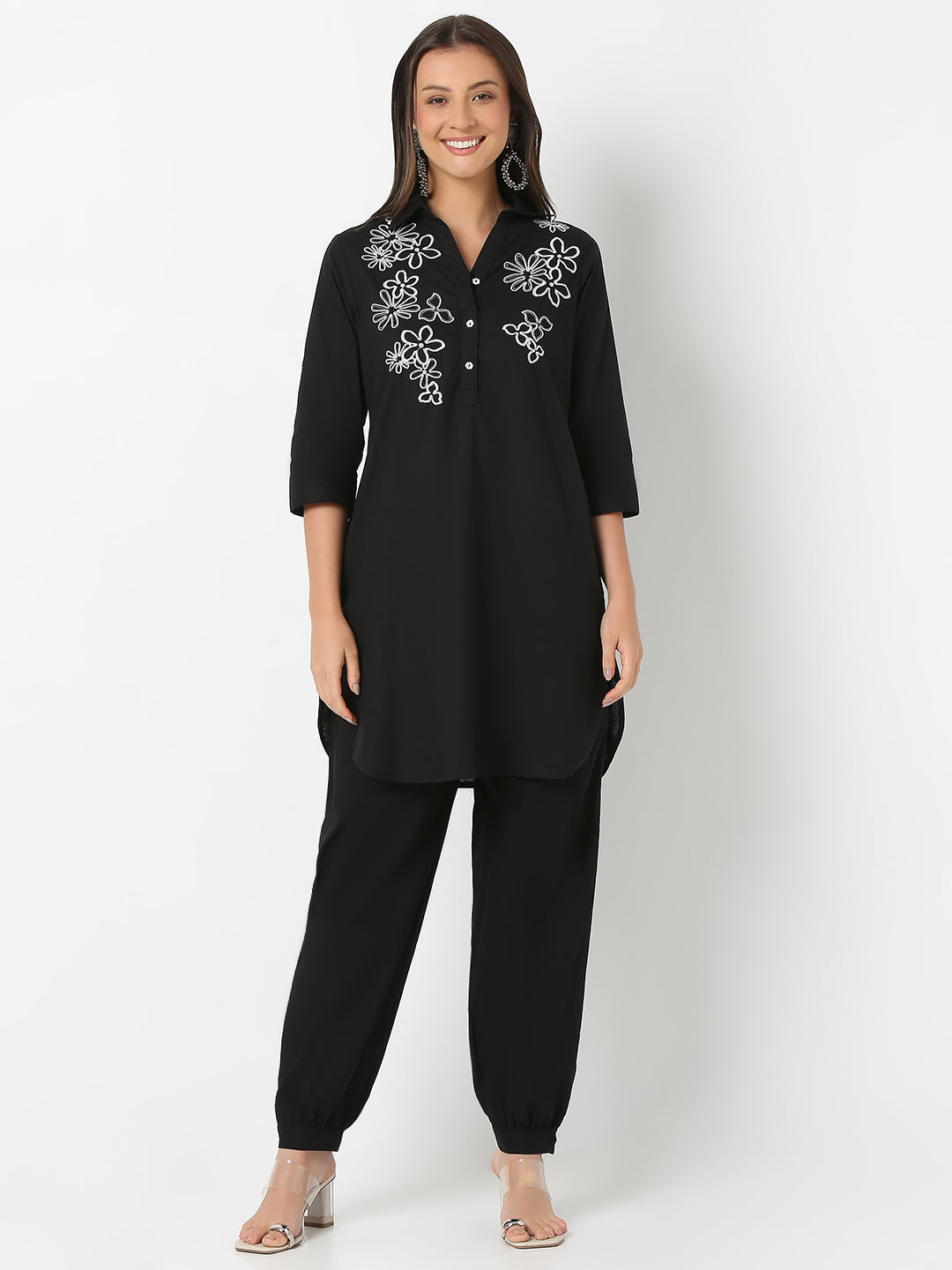 Regular Fit Embroidered Three-Fourth Sleeve Kurta with Pant Set