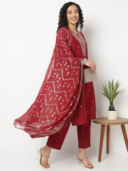 Straight Fit Embroidered V-Neck Kurta With Pant With Dupatta Set