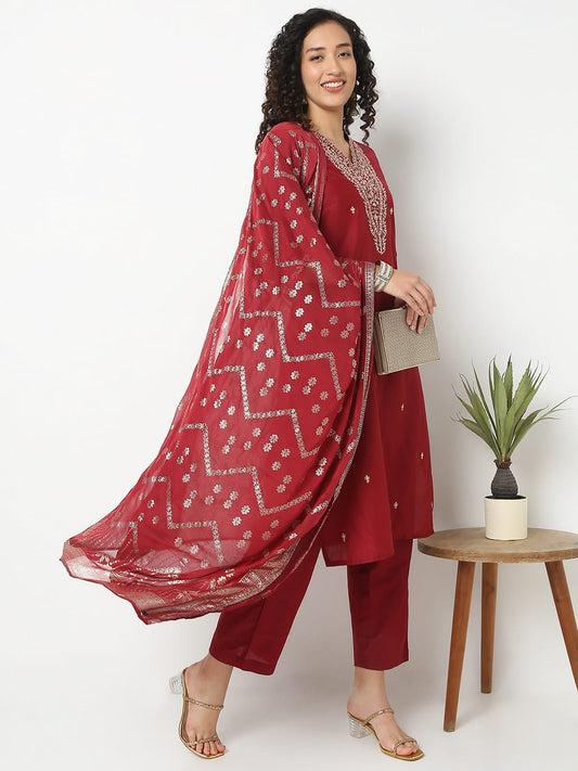 Straight Fit Embroidered V-Neck Kurta With Pant With Dupatta Set