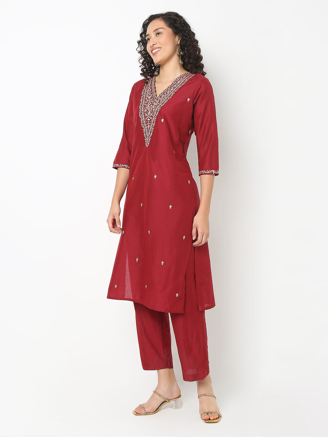 Straight Fit Embroidered V-Neck Kurta With Pant With Dupatta Set