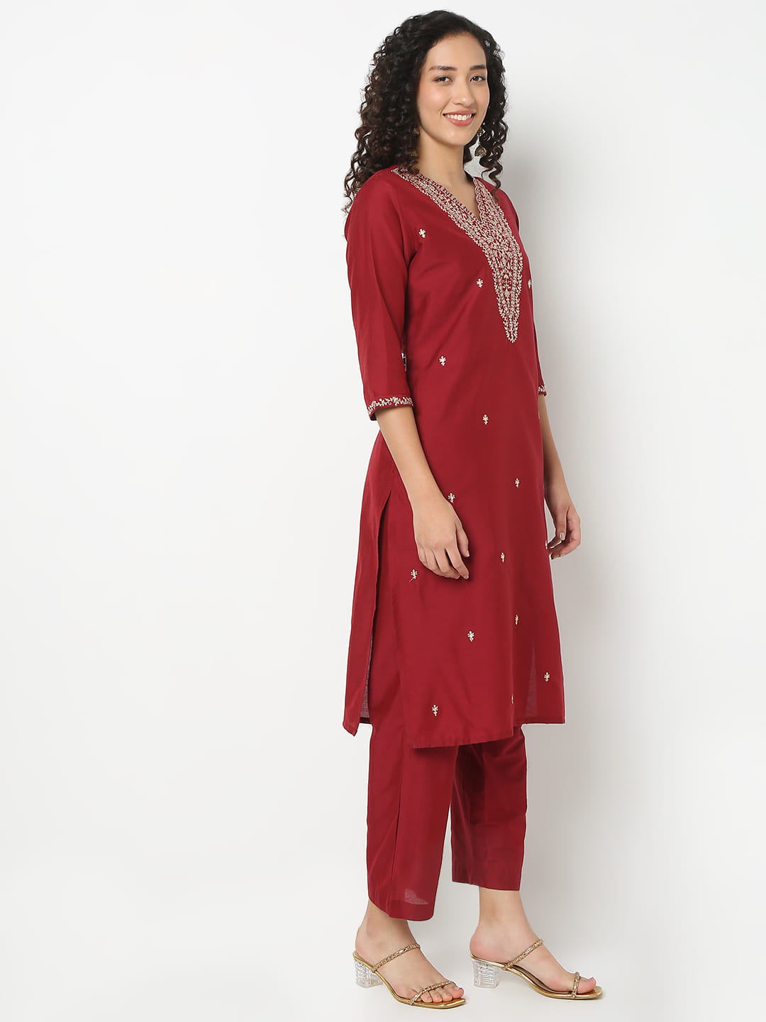 Straight Fit Embroidered V-Neck Kurta With Pant With Dupatta Set